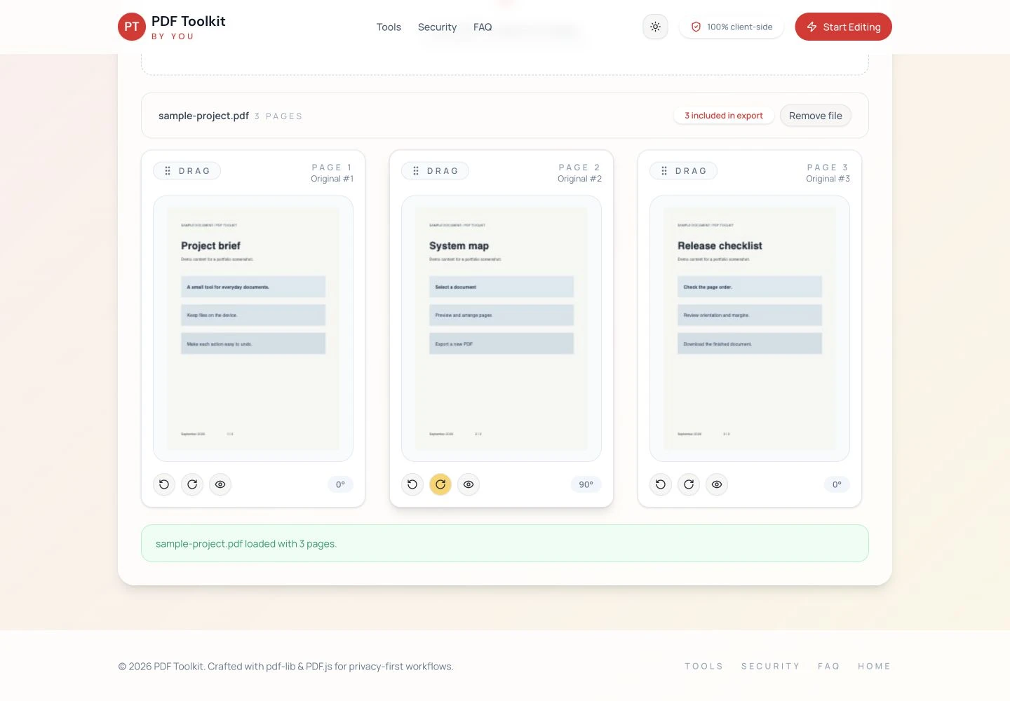 PDF Toolkit Organizer mit 90-Grad-Exporteinstellung für eine Beispiel-PDF-Seite