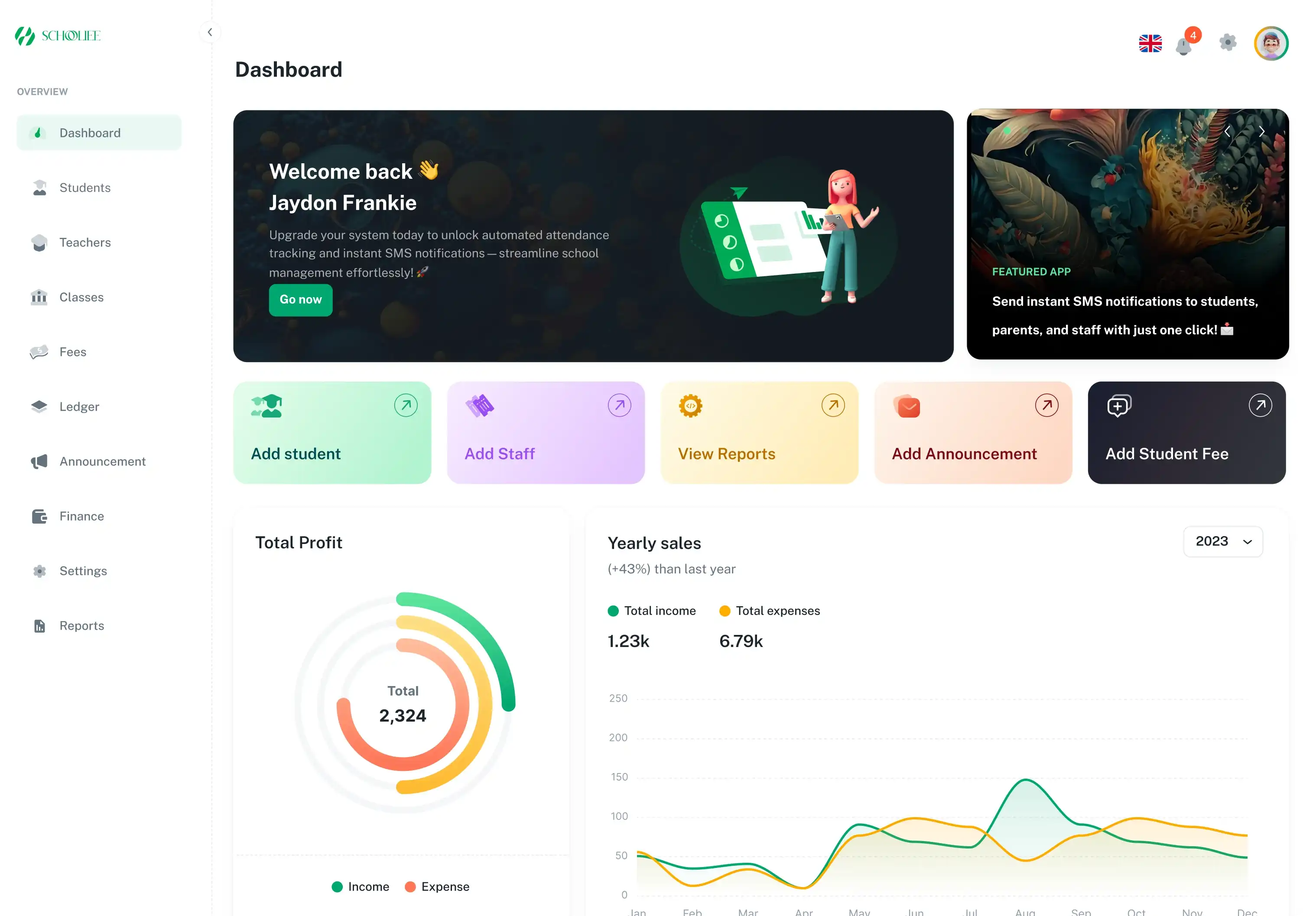 Vorschau des Schooliee-Dashboards mit beispielhaften Schulstatistiken