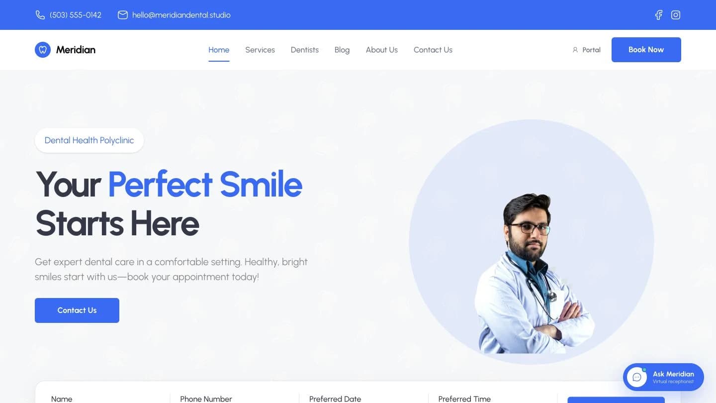 Meridian Dental Studio 演示首页与预约入口