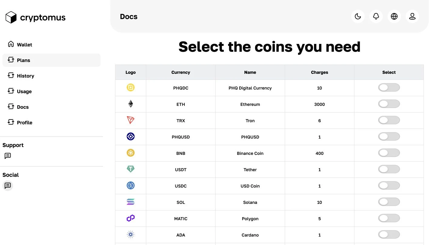 إعادة بناء لوحة تحكم مدفوعات بأسلوب Cryptomus مع اختيار العملات ورسوم نموذجية