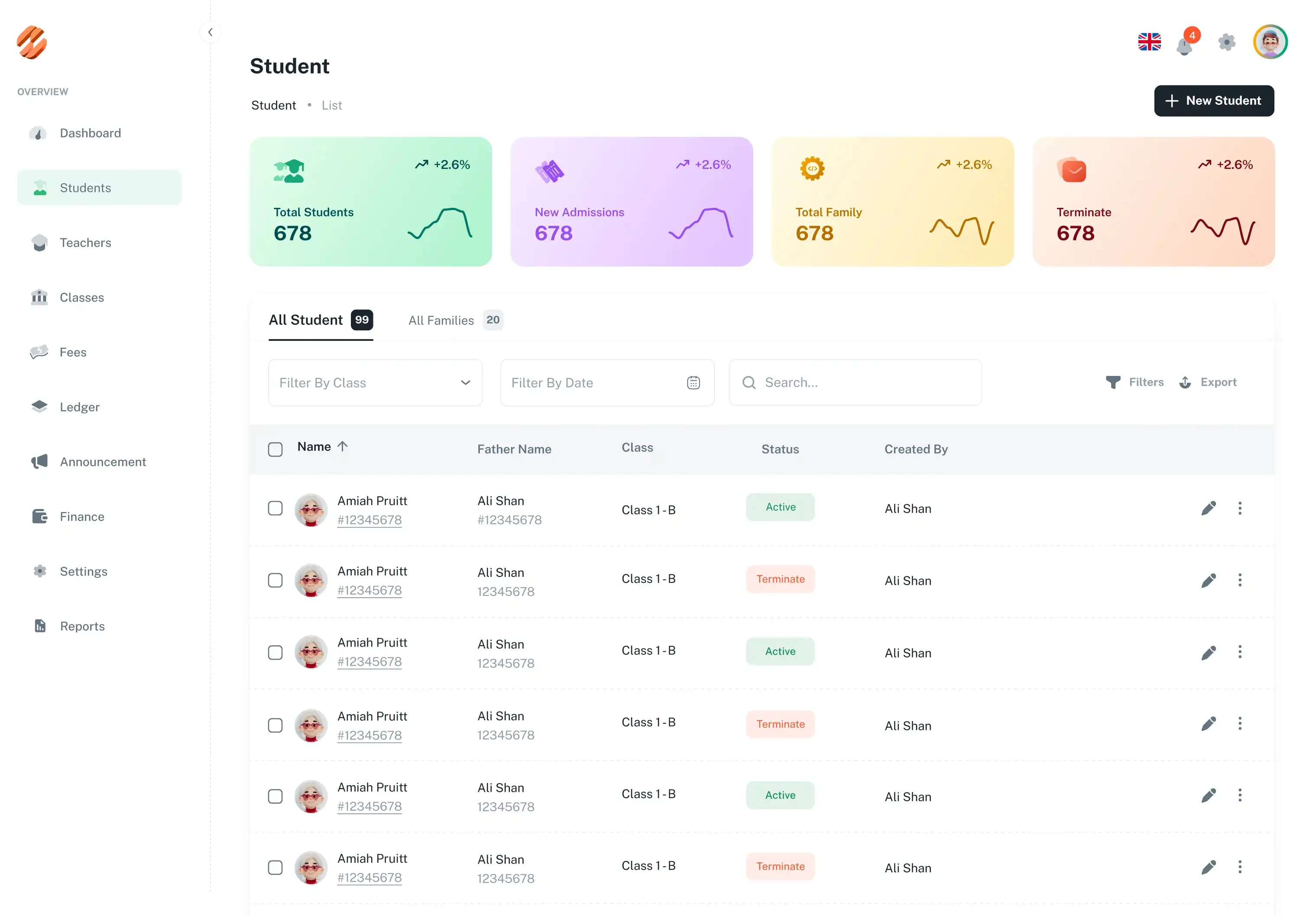 带有示例记录的 Schooliee 学生目录预览